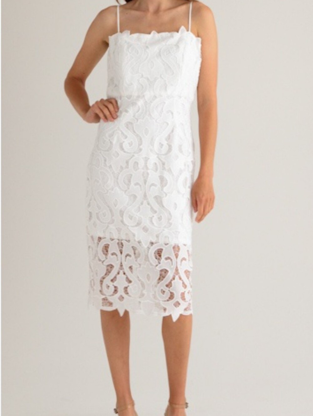 Bardot Lina White Lace Spaghetti Strap Sheath Dress. Modern Romance.